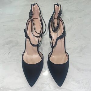Forever Link Black Pointed Ankle-Strap Heels with Nude Insole